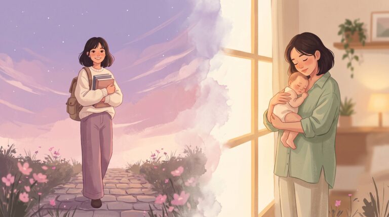Nacer dos veces: lo que nadie te cuenta sobre convertirte en madre. Una mujer joven estudiante y una mujer que vuelve a nacer al convertirse en madre.